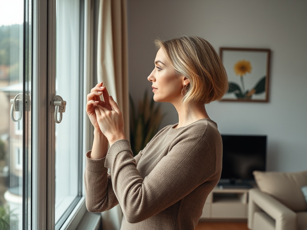 Женщина с короткими волосами стоит у окна, глядя вдаль и держит телефон в руках. Тёплая домашняя обстановка.