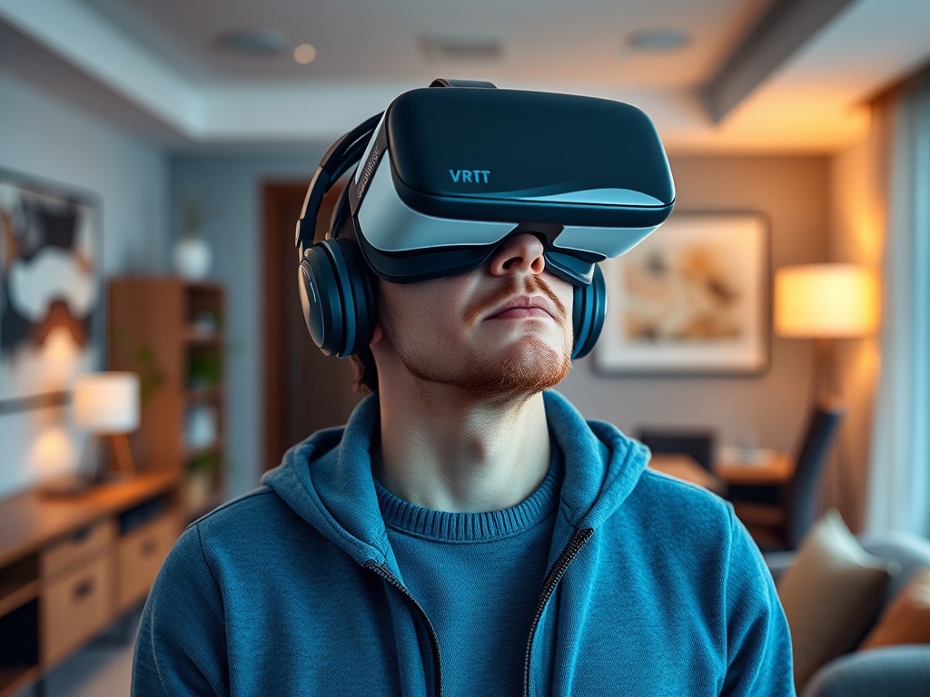 Молодой человек в виртуальных очках и наушниках, погруженный в цифровой мир в уютной комнате.