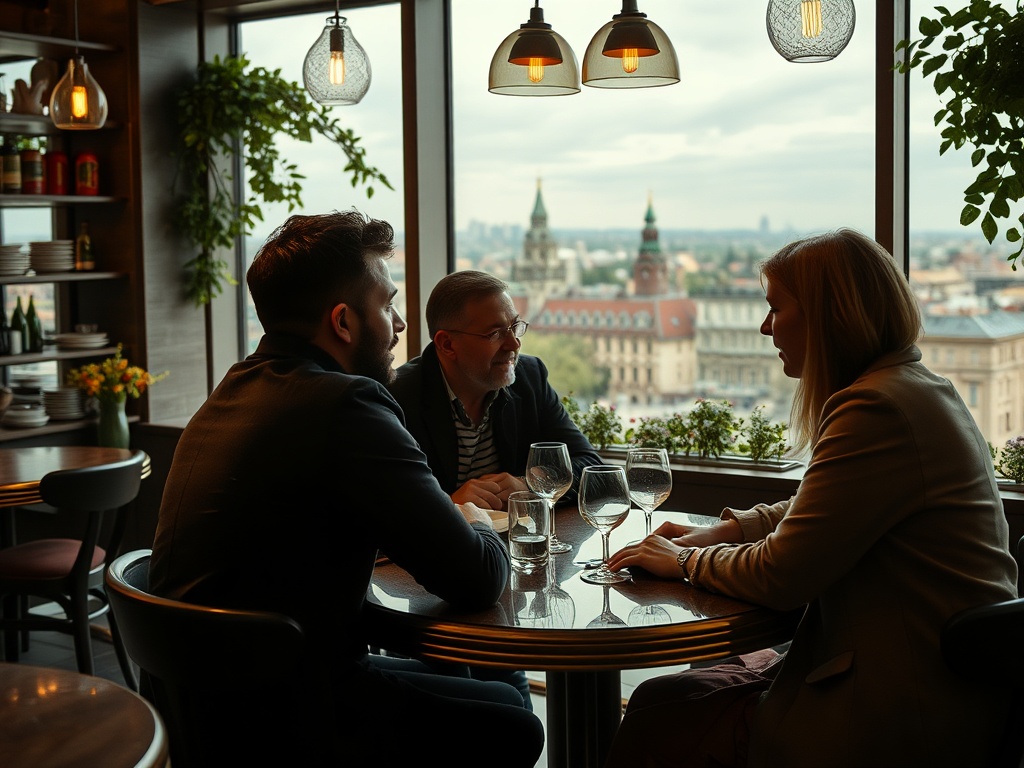 Трое людей обсуждают что-то за столом с видом на город через панорамные окна.