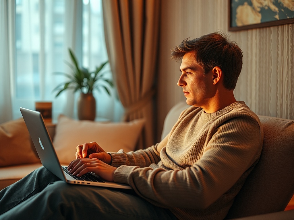 Молодой человек сидит на диване и работает за ноутбуком в светлой комнате с растением.