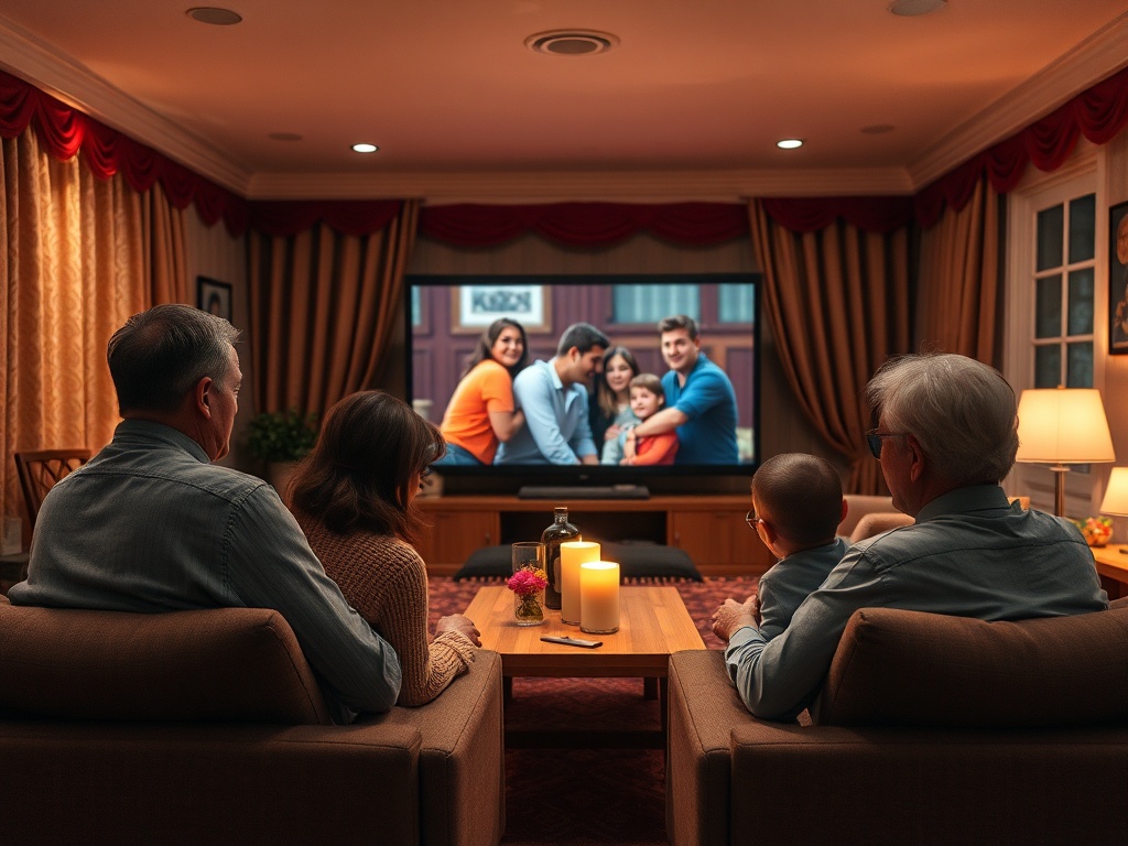 Семья наслаждается просмотром фильма в уютной гостиной, указывая на экран телевизора.