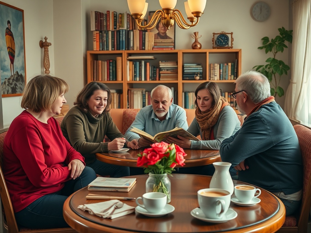 На изображении группа людей обсуждает книгу за столом, рядом стоят чашки кофе и цветы.