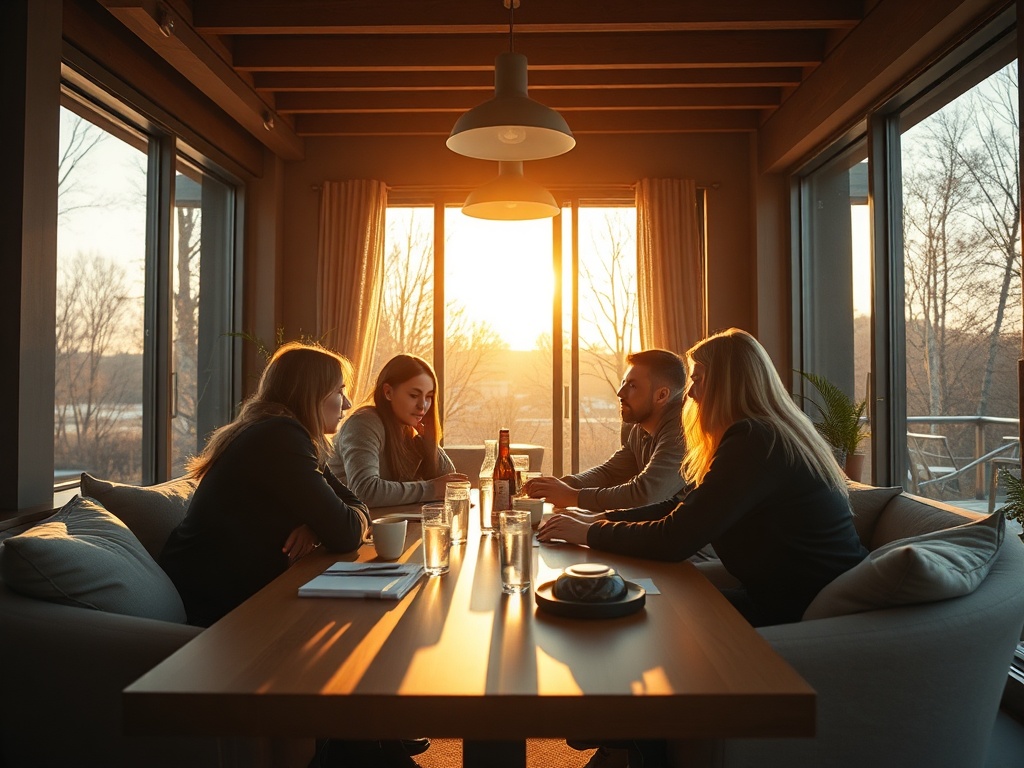 Группа людей за столом в уютном месте обсуждает что-то на фоне заката. Стильная и теплая атмосфера.