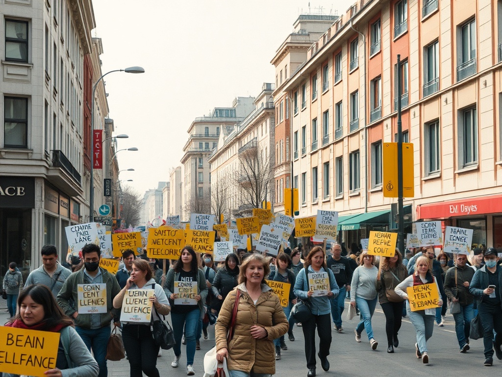 Группа людей с плакатами на улице, участвует в демонстрации с лозунгами.