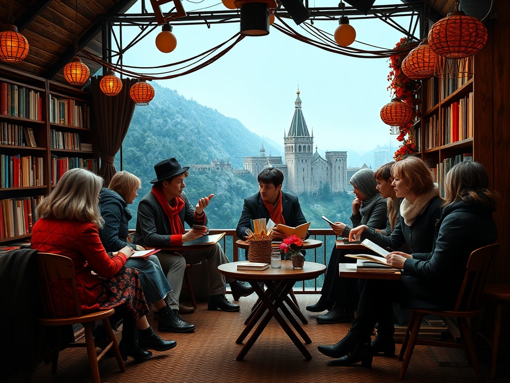 Группа людей обсуждает книги в уютном кафе с видом на замок и горы. Атмосфера творчества и вдохновения.