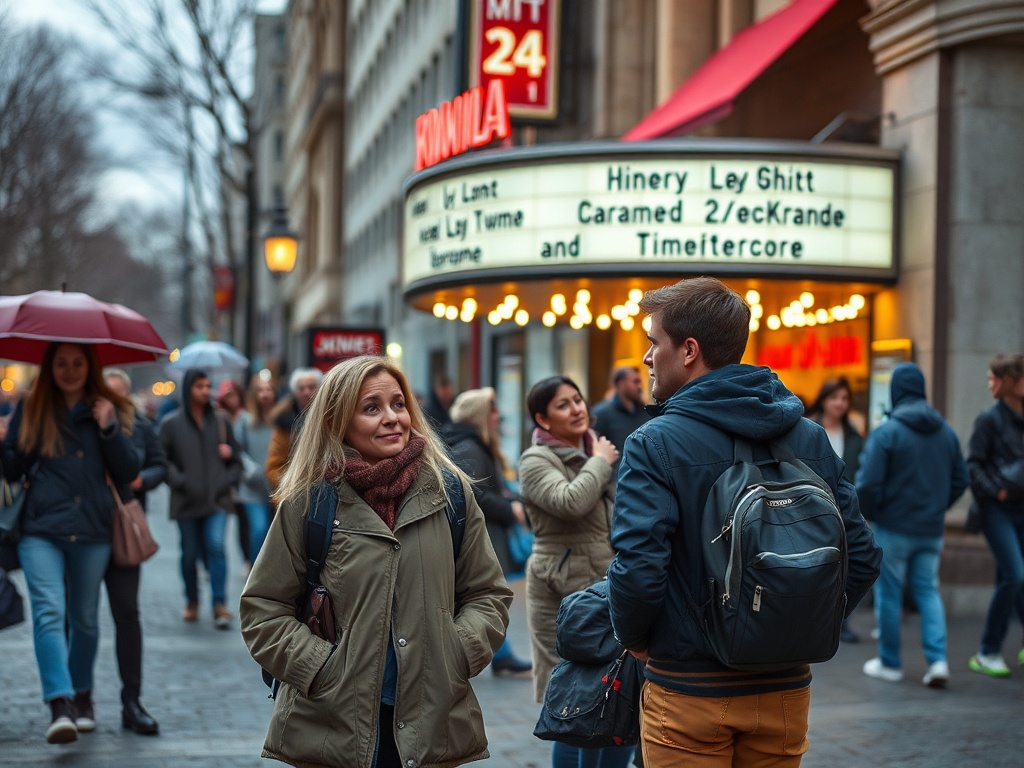 На улице множество людей; женщина с длинными волосами и тепло одетая, беседует с молодым человеком.