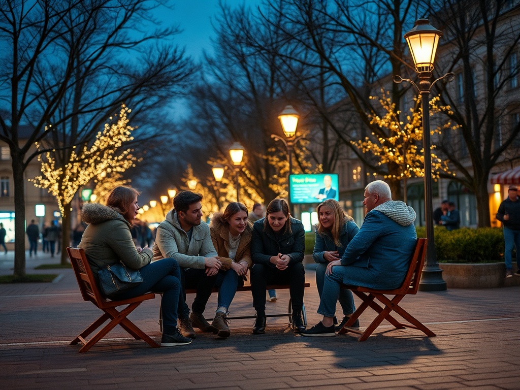 Группа людей сидит на скамейках, общаясь на улице вечером, вокруг огни на деревьях.
