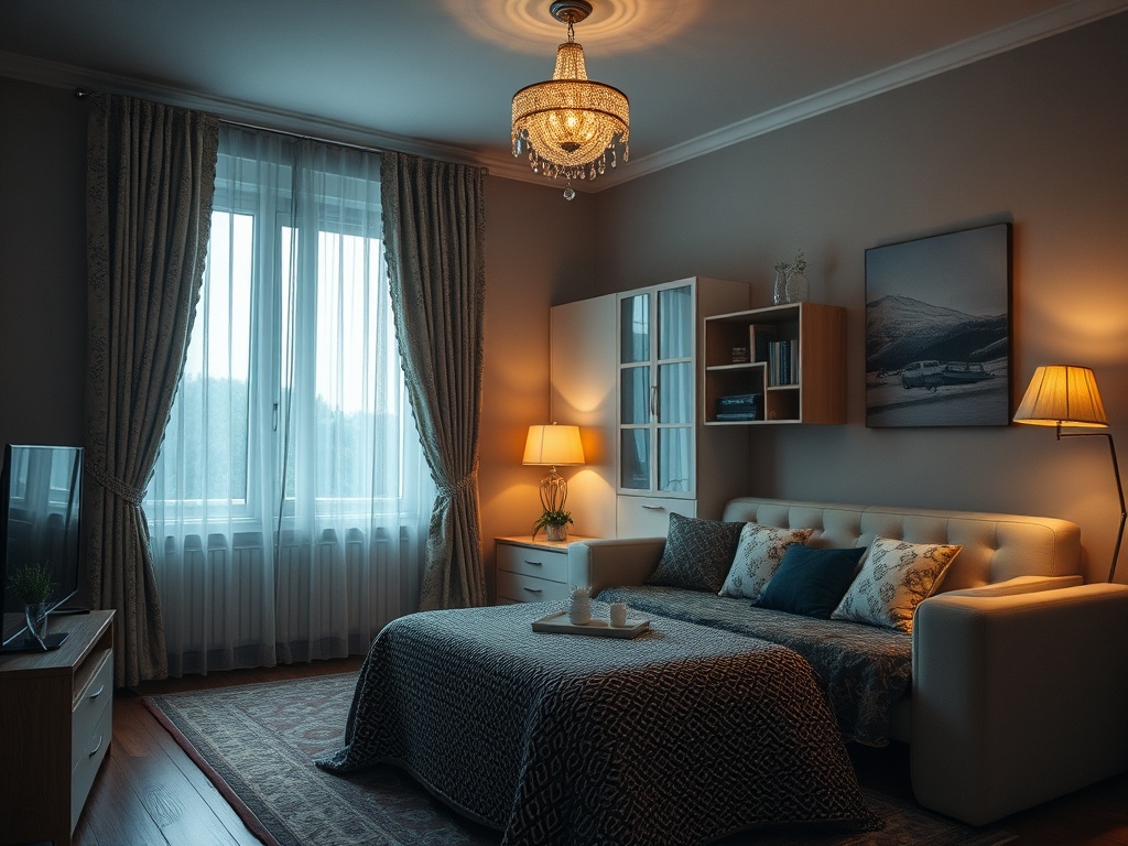 Уютная комната с диваном, телевизором, пышными занавесками и стильной люстрой. Теплая атмосфера и мягкий свет.