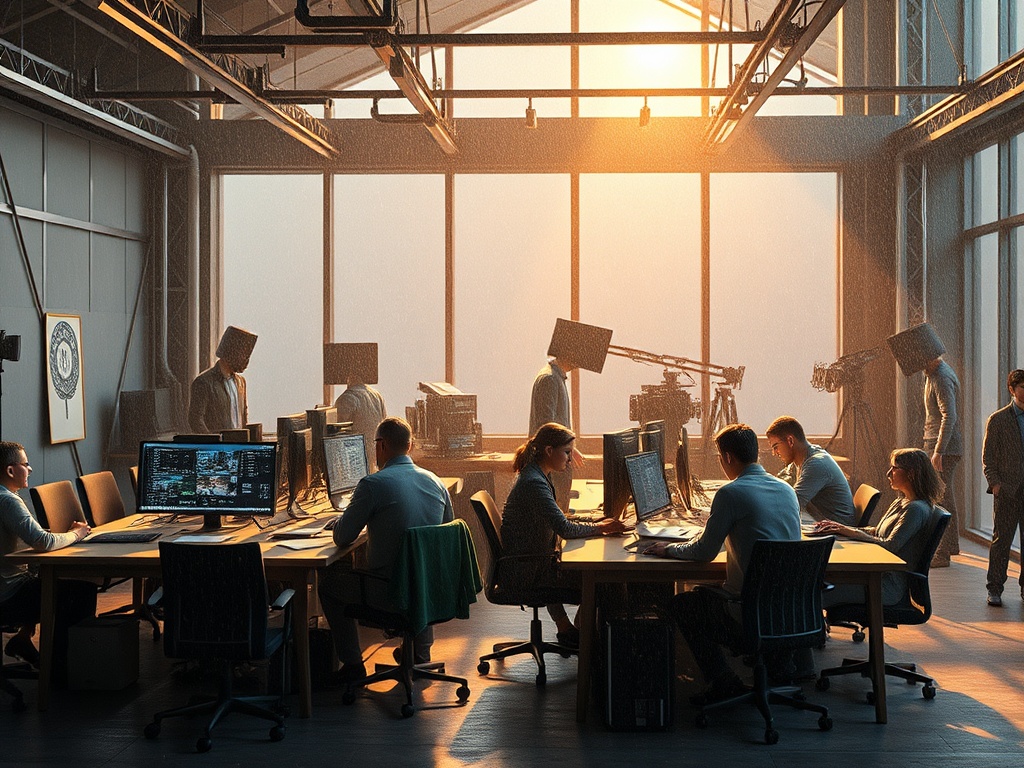 Современный офис с работниками за компьютерами и камерами, подсвеченный солнечными лучами.