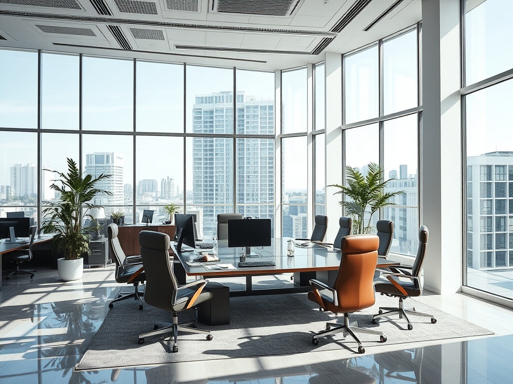 Современный офис с большими окнами, столом для переговоров и офисными креслами. Вид на город.