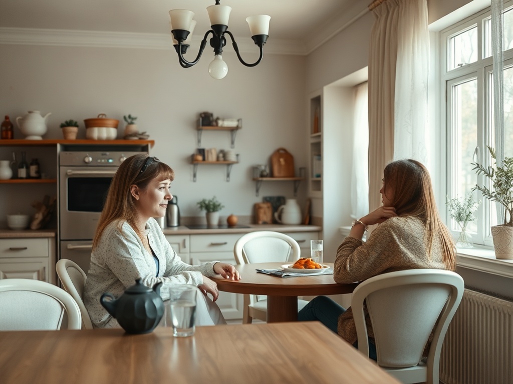 Две женщины разговаривают за столом в уютной кухне, вокруг посуда и зелёные растения.