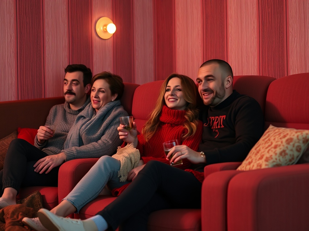 Четыре человека на диване, наслаждаясь общением и напитками в уютной обстановке. Стены розового цвета.