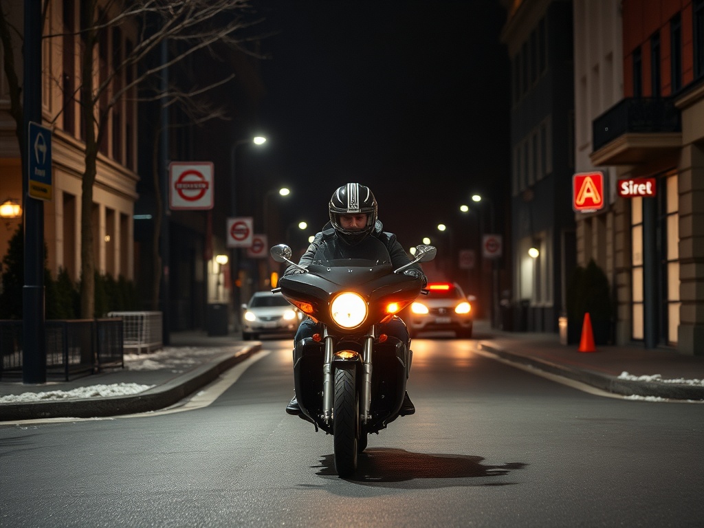 Мотоциклист едет по улице в ночное время, освещая путь фарами. Вдали видны автомобили и уличные фонари.