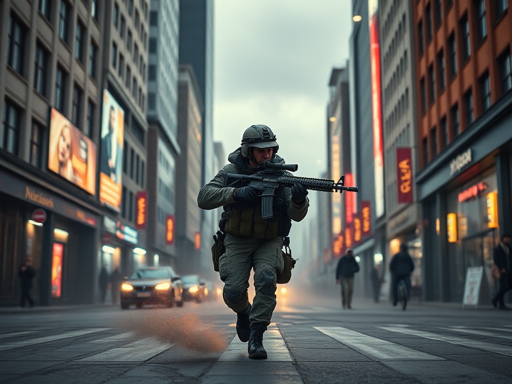Военный с оружием бежит по улице города, окружённый зданиями и прохожими, в тумане.