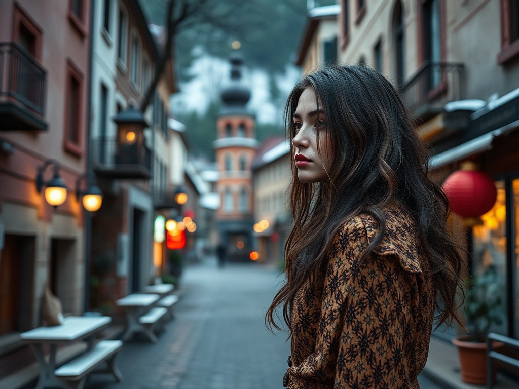 На узкой улице старая архитектура, девушка с длинными волосами смотрит вдаль, атмосфера тихого вечера.