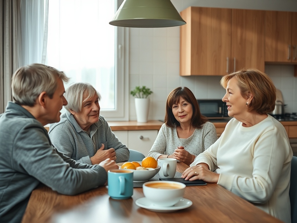 Четыре человека общаются за столом, на котором стоят чашки и фрукты. Уютная атмосфера и дружеская беседа.