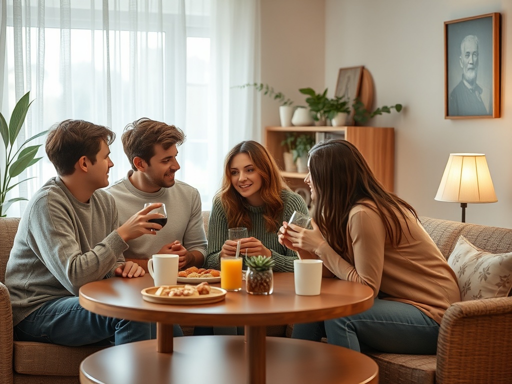 Четыре человека сидят за столом, пьют и разговаривают, наслаждаясь временем вместе в уютной комнате.