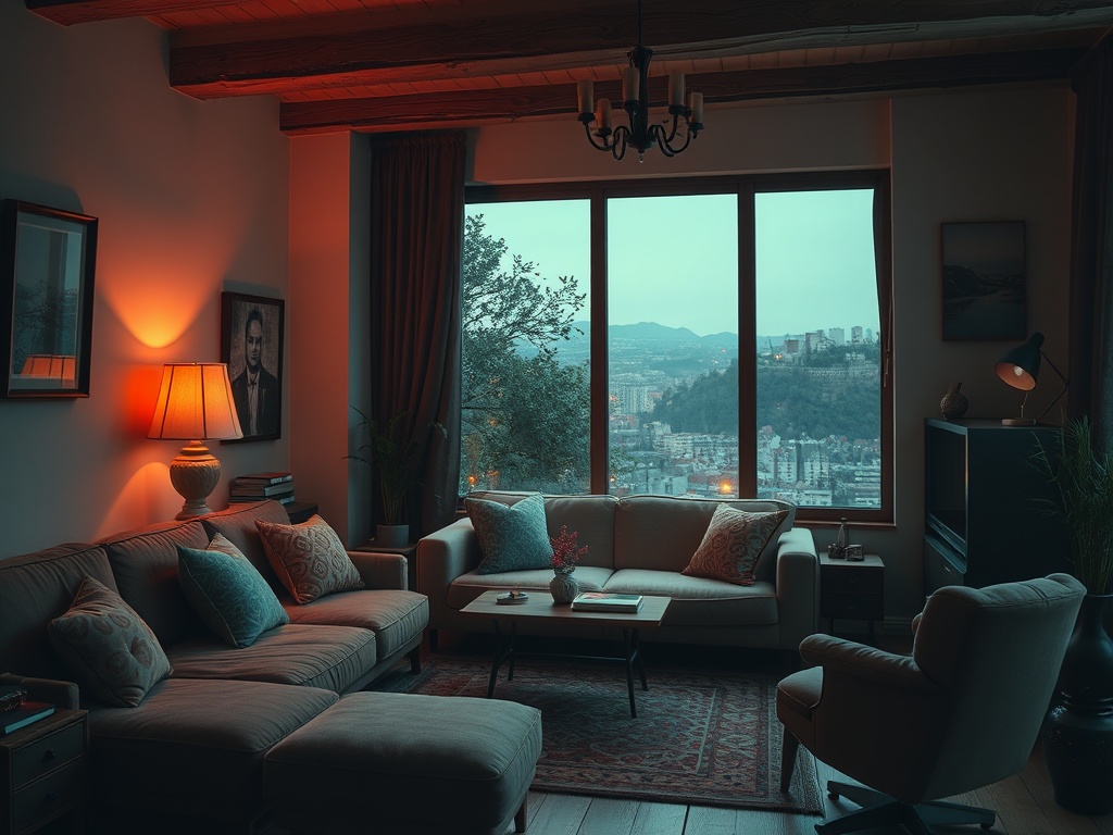 Уютная комната с мягкой мебелью и видом на город через большое окно, вечернее освещение создает атмосферу тепла.