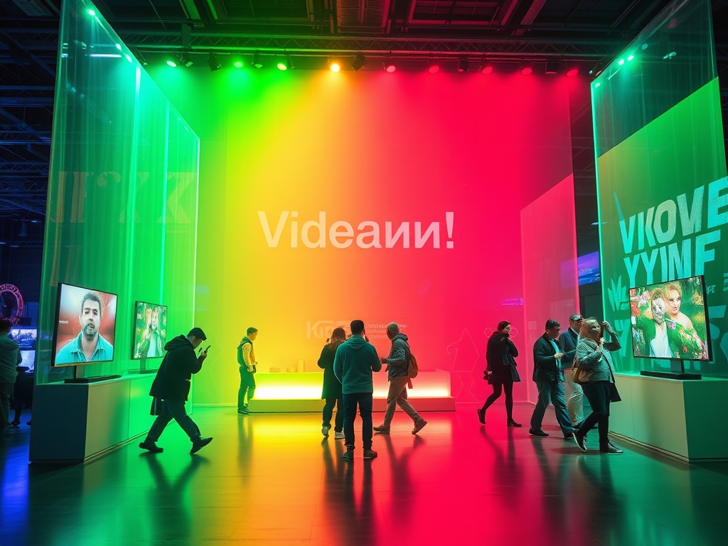 На выставке люди в окружении ярких огней и экранов с изображениями, надпись "Videanin!" на фоне.