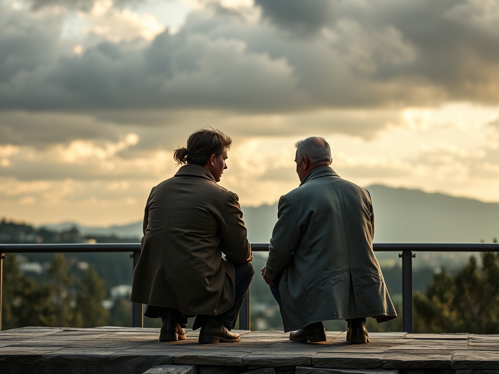 Два человека сидят на каменной скамье и смотрят на горный пейзаж в вечернем свете.