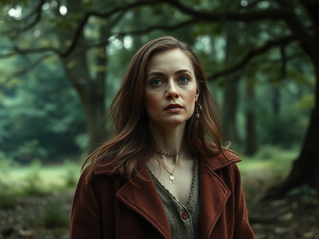 Женщина с длинными волосами в коричневом пальто, стоящая на фоне леса, с задумчивым выражением лица.