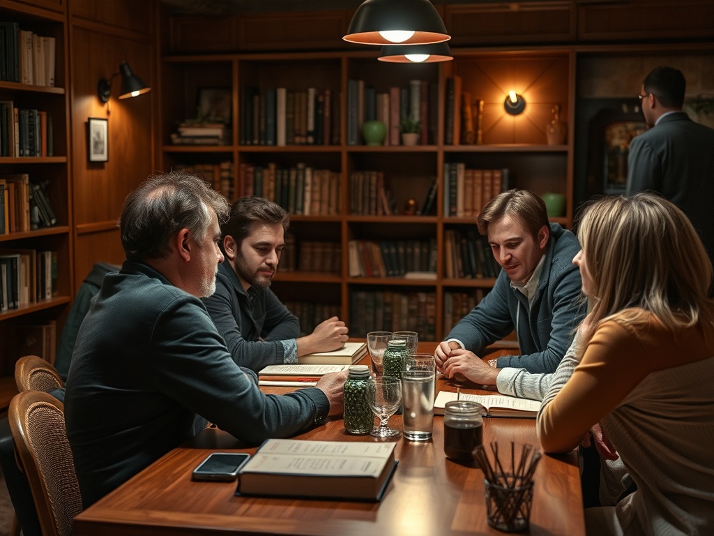 Четыре человека за столом в уютной библиотеке обсуждают меню, окруженные книгами и приятным светом.