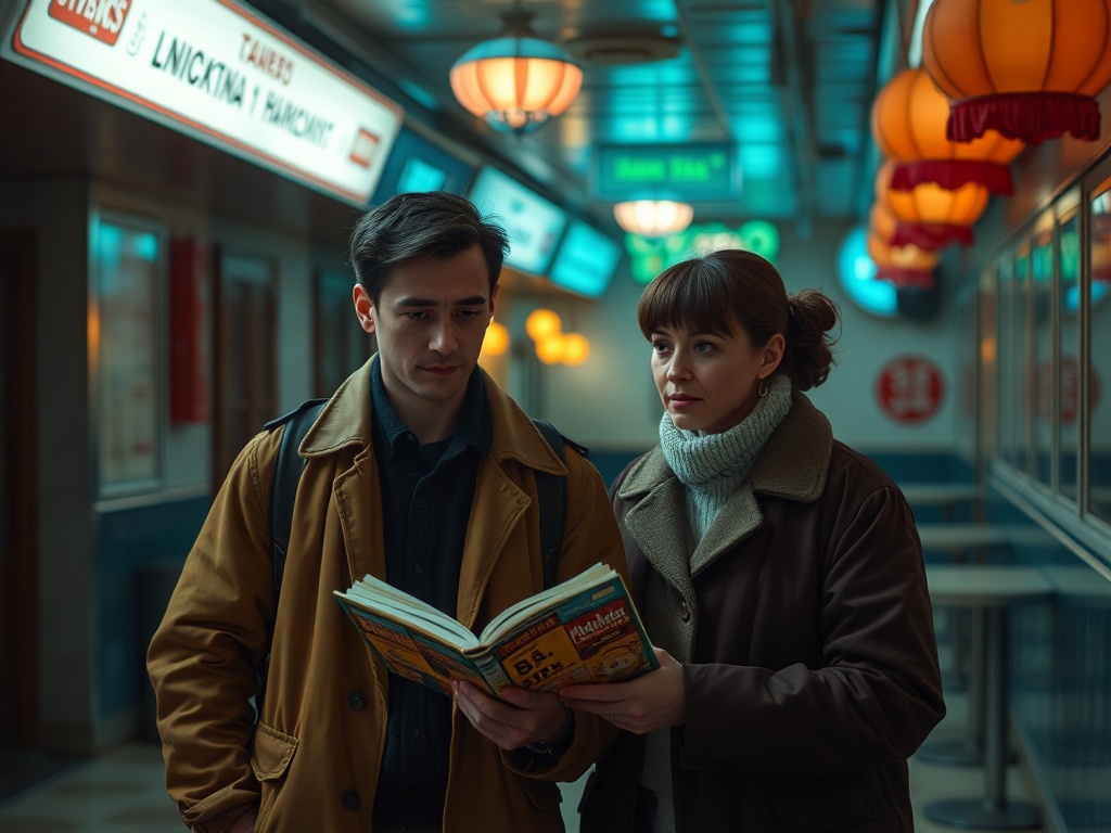 На изображении молодая пара стоит в коридоре, держа книги и внимательно смотря друг на друга.