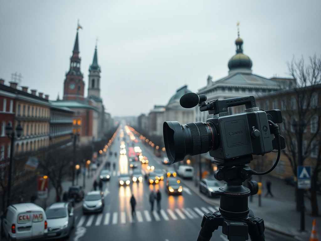 На фоне улицы и зданий стоит камера на штативе, захватывая атмосферу города в серый день.