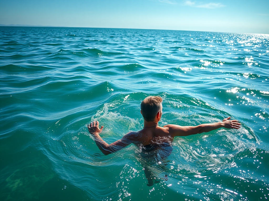 Мужчина плавает в океане под ясным небом, вода сверкает на солнце.