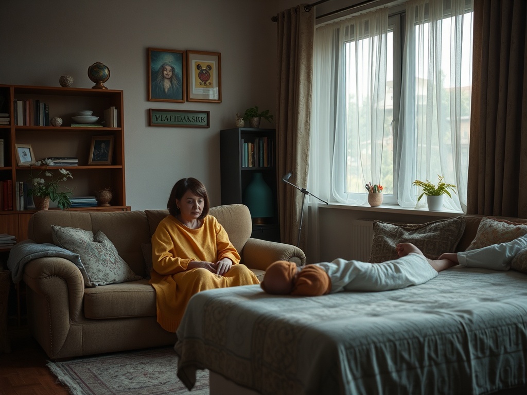 Женщина в желтом свитере сидит на диване, смотря на человека, лежащего на кровати в комнате с большими окнами.