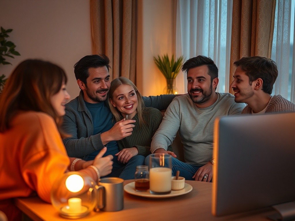 Четыре человека весело общаются и смеются в уютной атмосфере при свечах и мягком освещении.