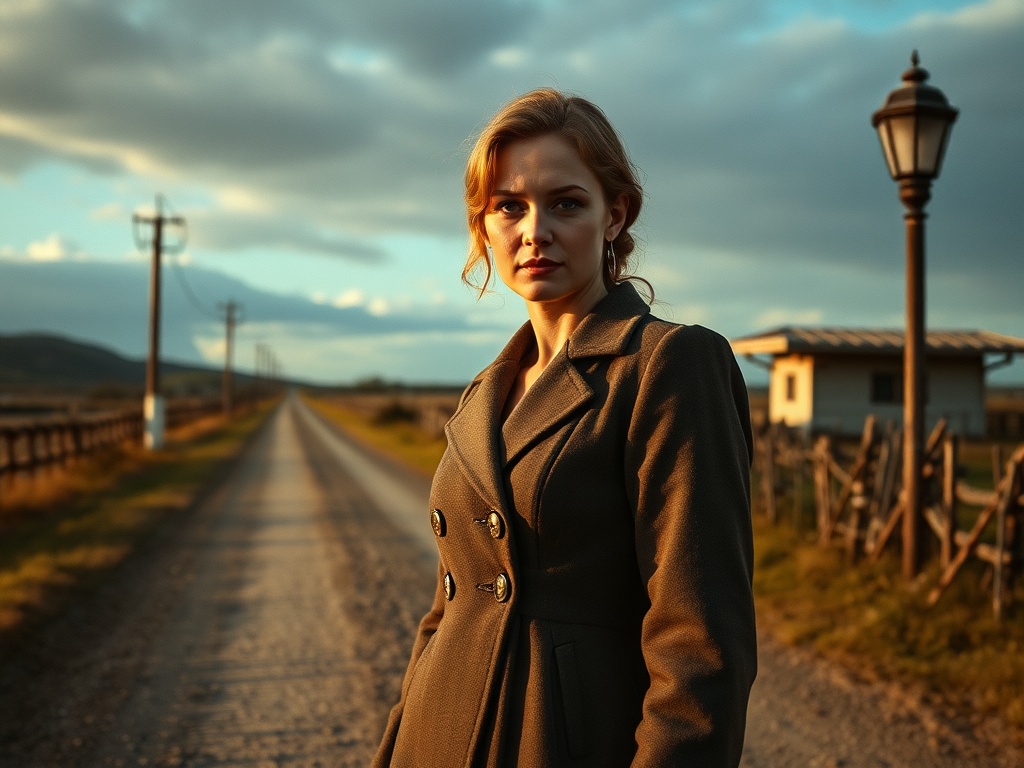 Женщина в пальто стоит на дороге под облачным небом, вдали виден фонарный столб и дом.