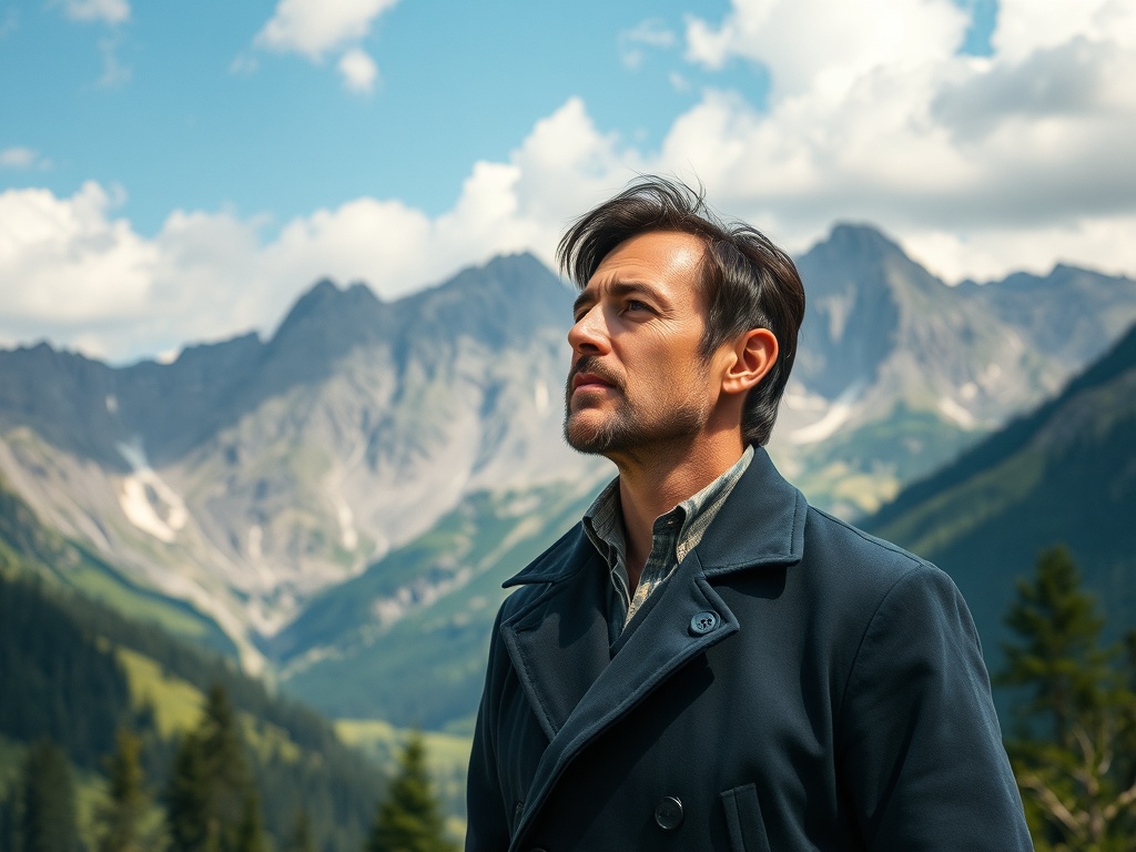 Мужчина в верхней одежде стоит на фоне гор, смотря вверх к облакам в ясный день.