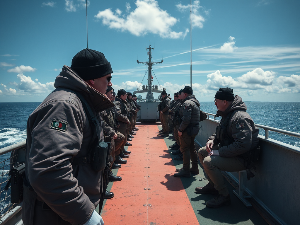 На борту корабля стоят солдаты, смотрящие в море при ясной погоде.