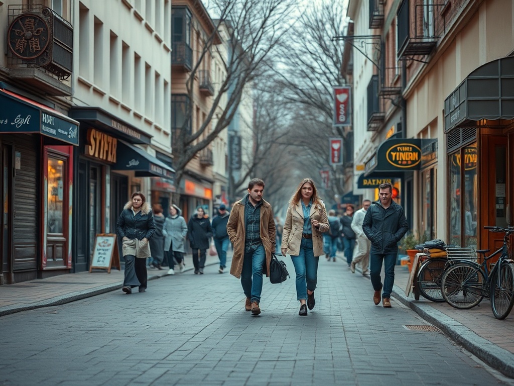 Улица с прохожими, магазинами и деревьями. Люди наслаждаются прогулкой в городе. Холодная погода заметна.