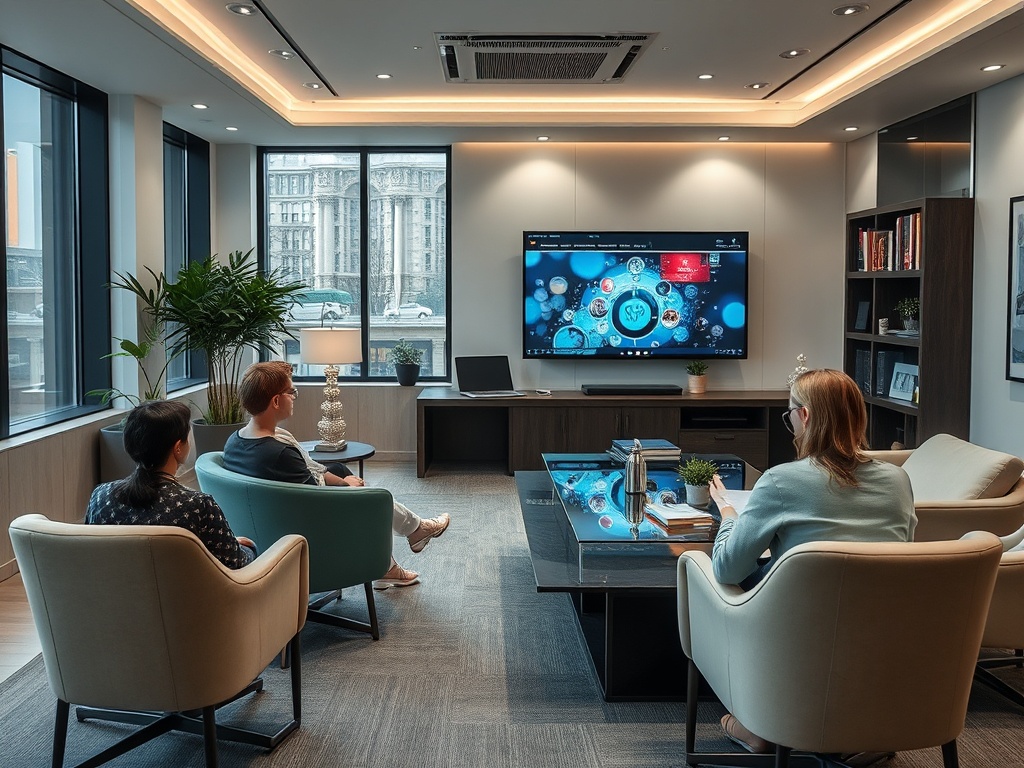 В современном офисе трое людей обсуждают идеи, сидя наcomfortableouch, перед телевизором.