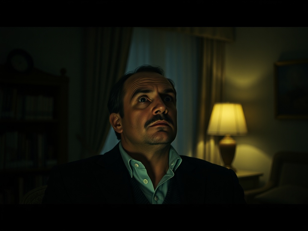 На изображении мужчина с усами, смотрящий в потолок при тусклом свете лампы. Вокруг тихая обстановка.