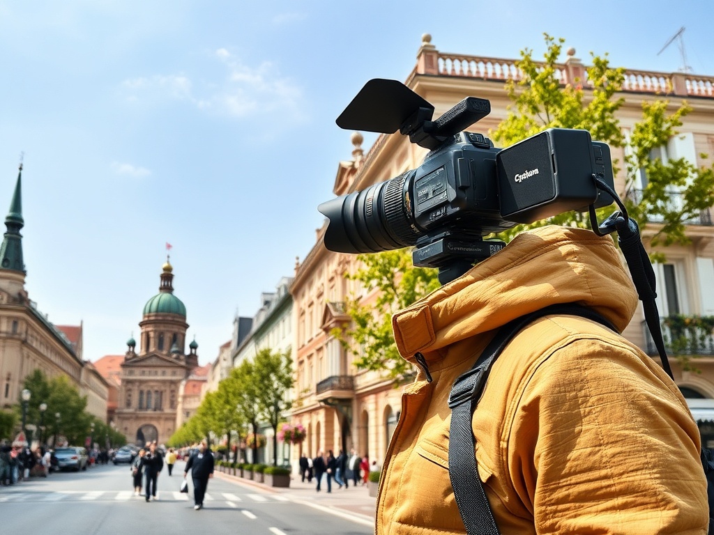 На улице человек с камерой, архитектура и прохожие на фоне. Яркий день и зелень деревьев.