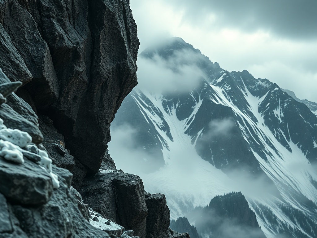 На переднем плане скалы, на заднем фоне снежные горы и облака, создающие мистическую атмосферу.