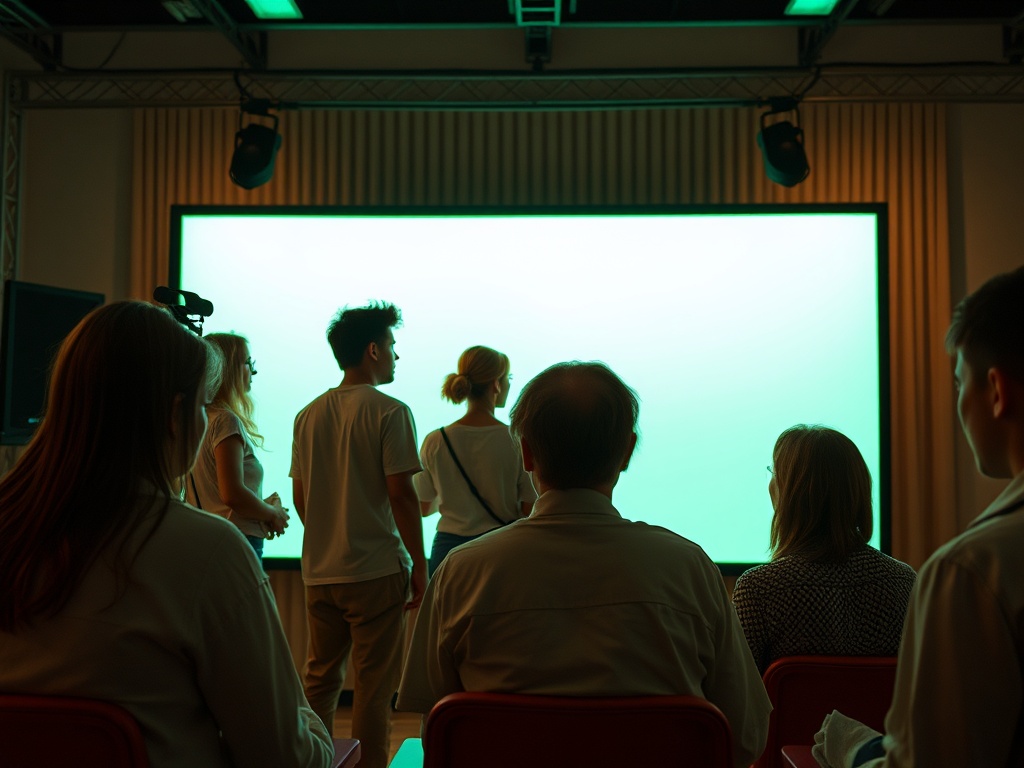 Группа людей стоит перед экраном, ожидая презентации или показа. Они сосредоточены на содержимом.