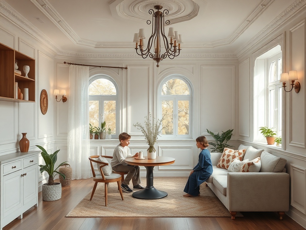 Два ребенка сидят за круглым столом в светлой уютной комнате с окнами, растениями и элегантным декором.