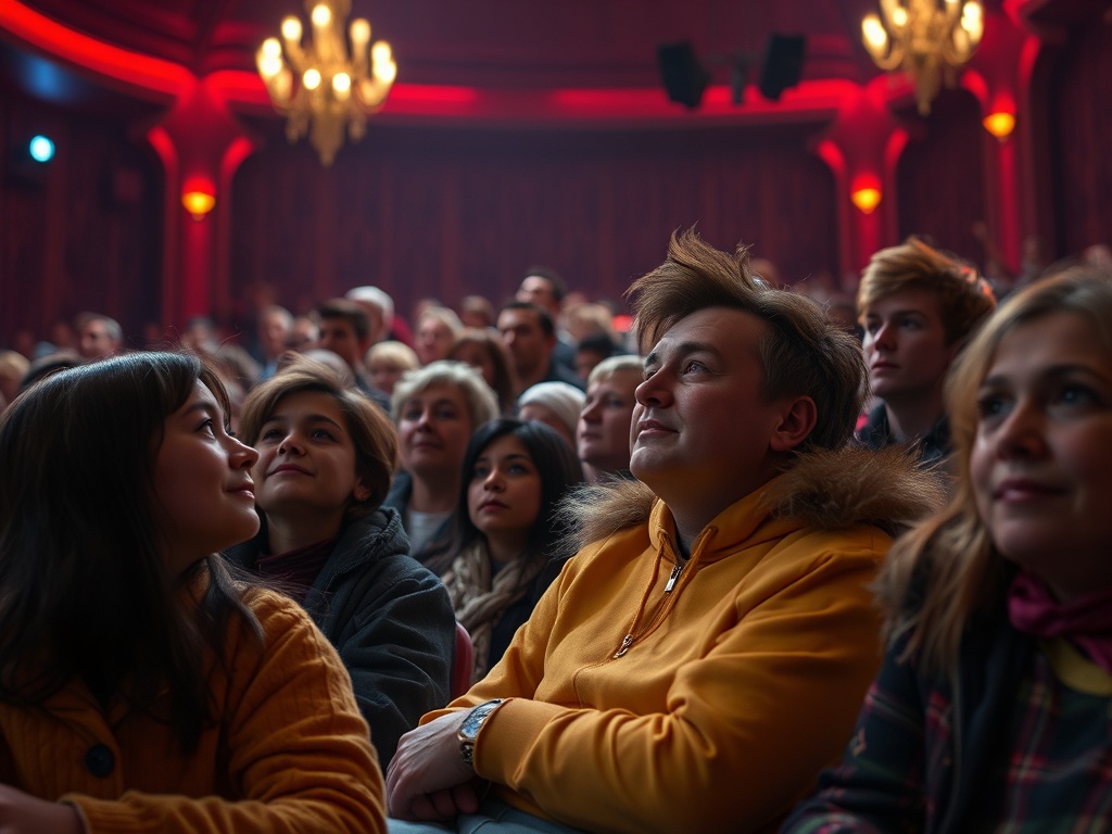 На изображении зрители смотрят на сцену в театре, освещенном мягким светом. Атмосфера ожидания и интереса.