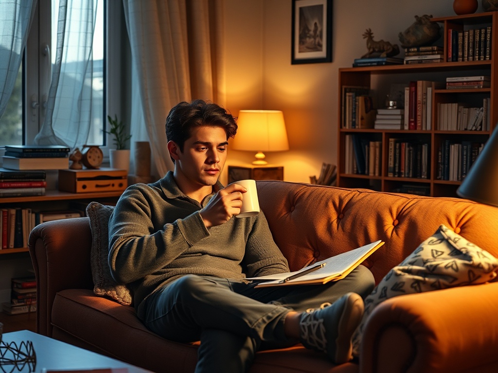 Молодой человек сидит на диване с чашкой, читая книгу при мягком свете лампы в уютной комнате.