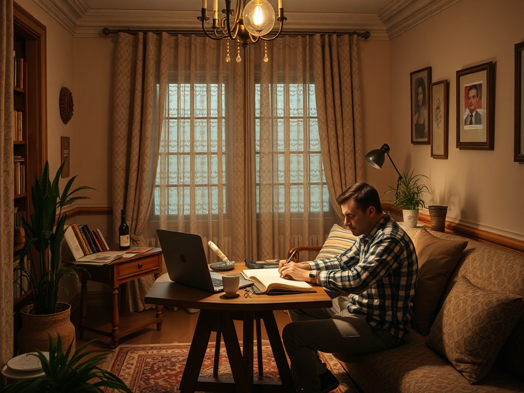 Мужчина в клетчатой рубашке сидит за столом, изучая книги и работая на ноутбуке в уютной комнате.