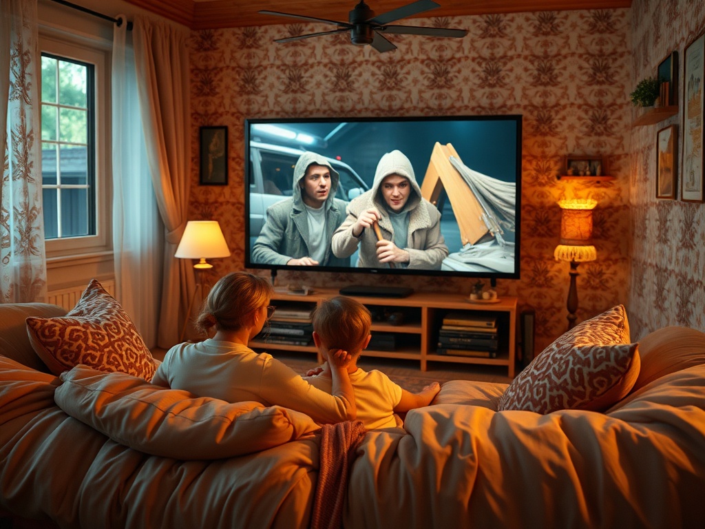 На диване мама и малыш смотрят телевизор в уютной комнате с мягким освещением.