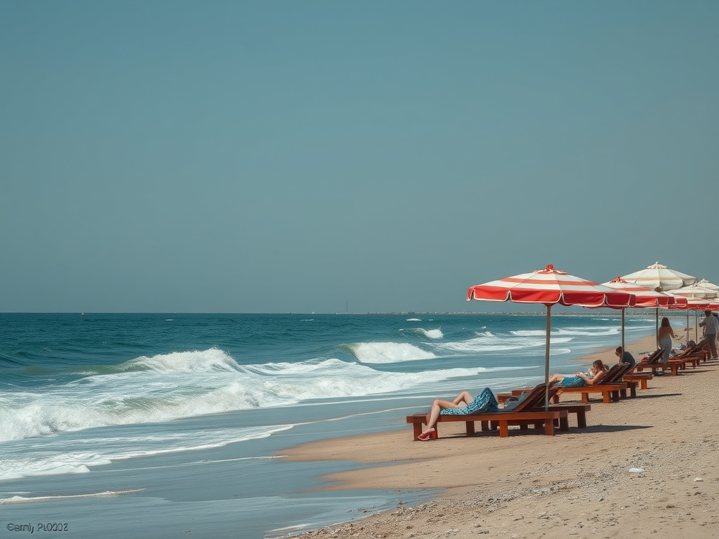 Пляж с зонтами и лежаками, отдыхающие наслаждаются солнечным днем у моря. Спокойные волны накатывают на берег.