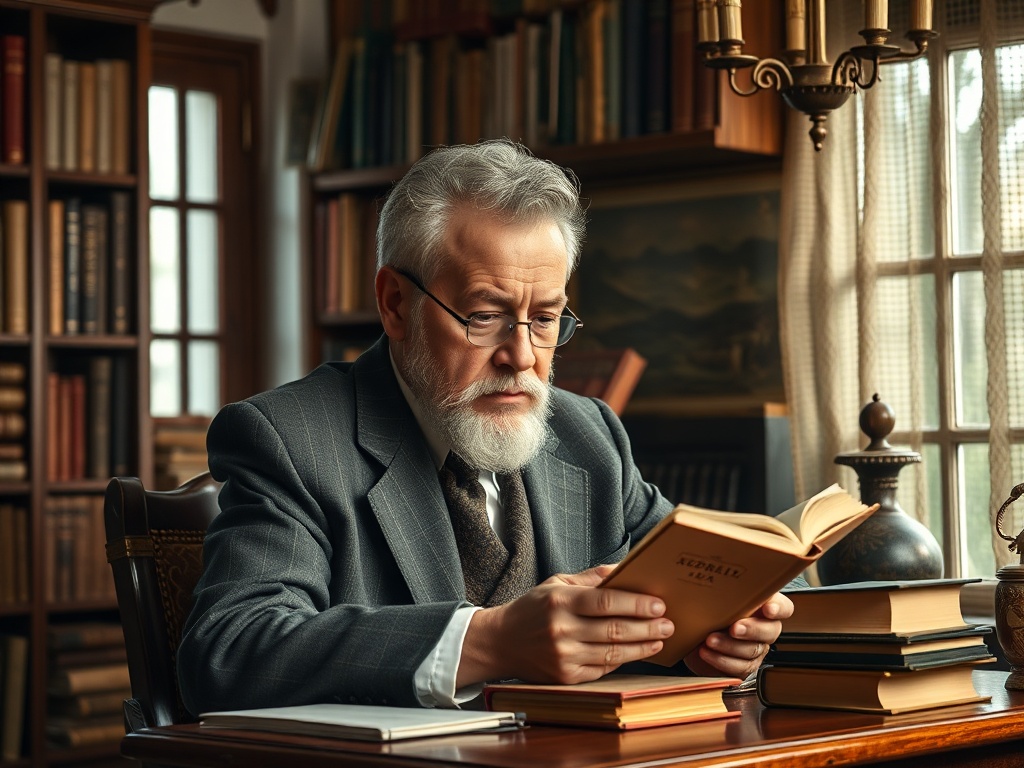 Пожилой человек в очках читает книгу в библиотеке, окруженный стеллажами с книгами.
