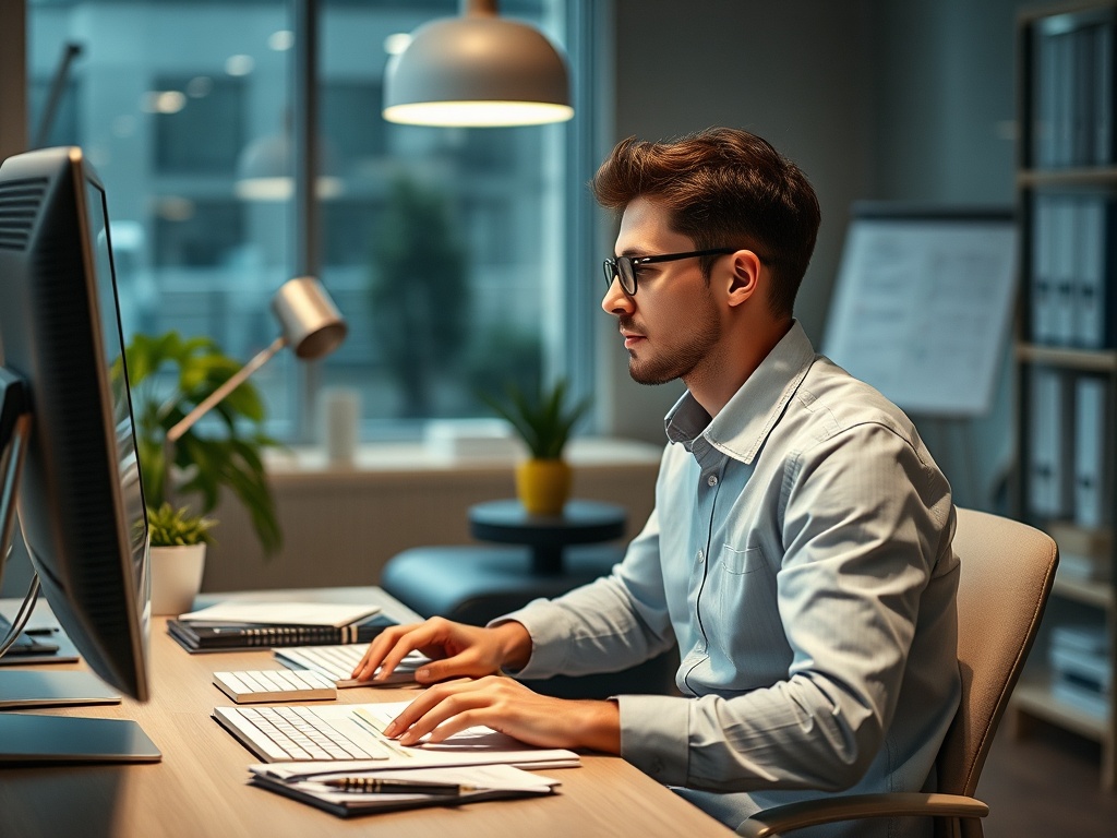 Молодой человек работает за компьютером в офисе, сосредоточившись на экране и клавиатуре.